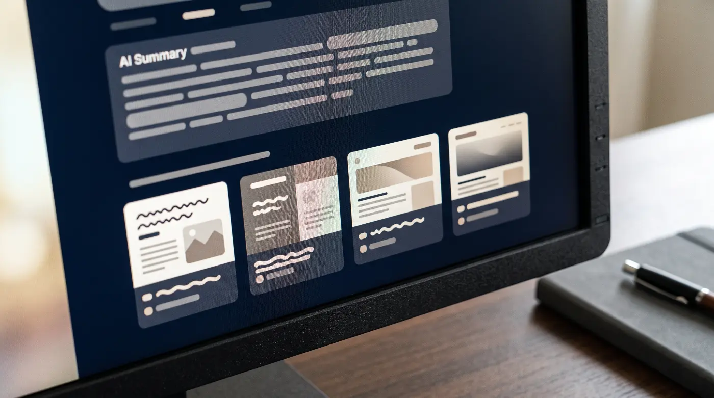 Monitor com uma resposta resumida gerada por inteligência artificial e vários cartões de fontes para aprofundar a pesquisa