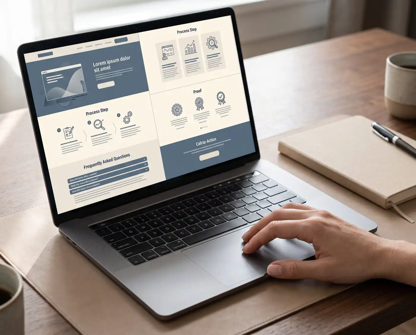 Portátil com uma página de serviços empresarial estruturada com apresentação do serviço, processo, perguntas frequentes e contacto.