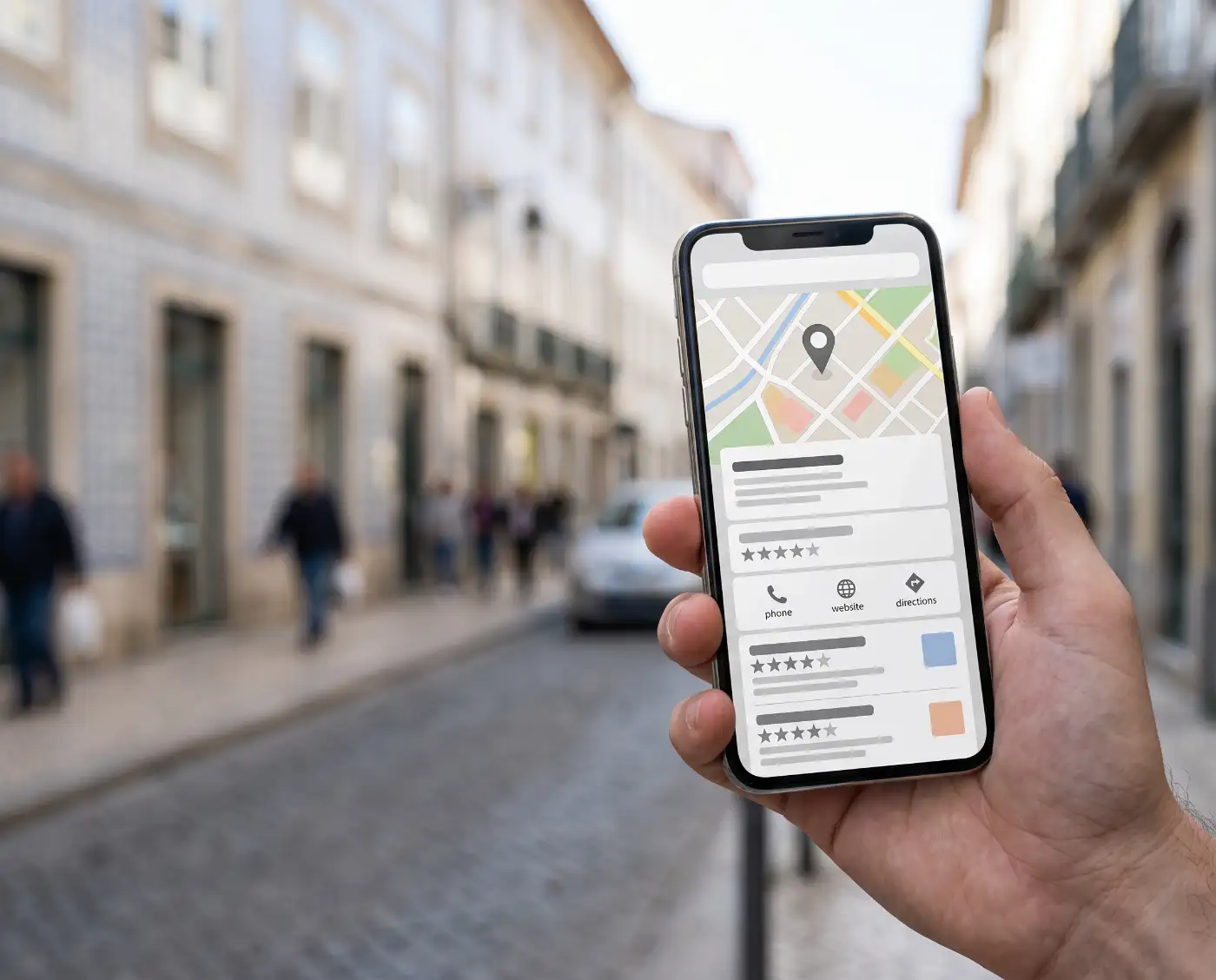 Telemóvel com uma pesquisa local de empresa, mapa, localização e informação de contacto, com uma rua portuguesa desfocada em fundo.